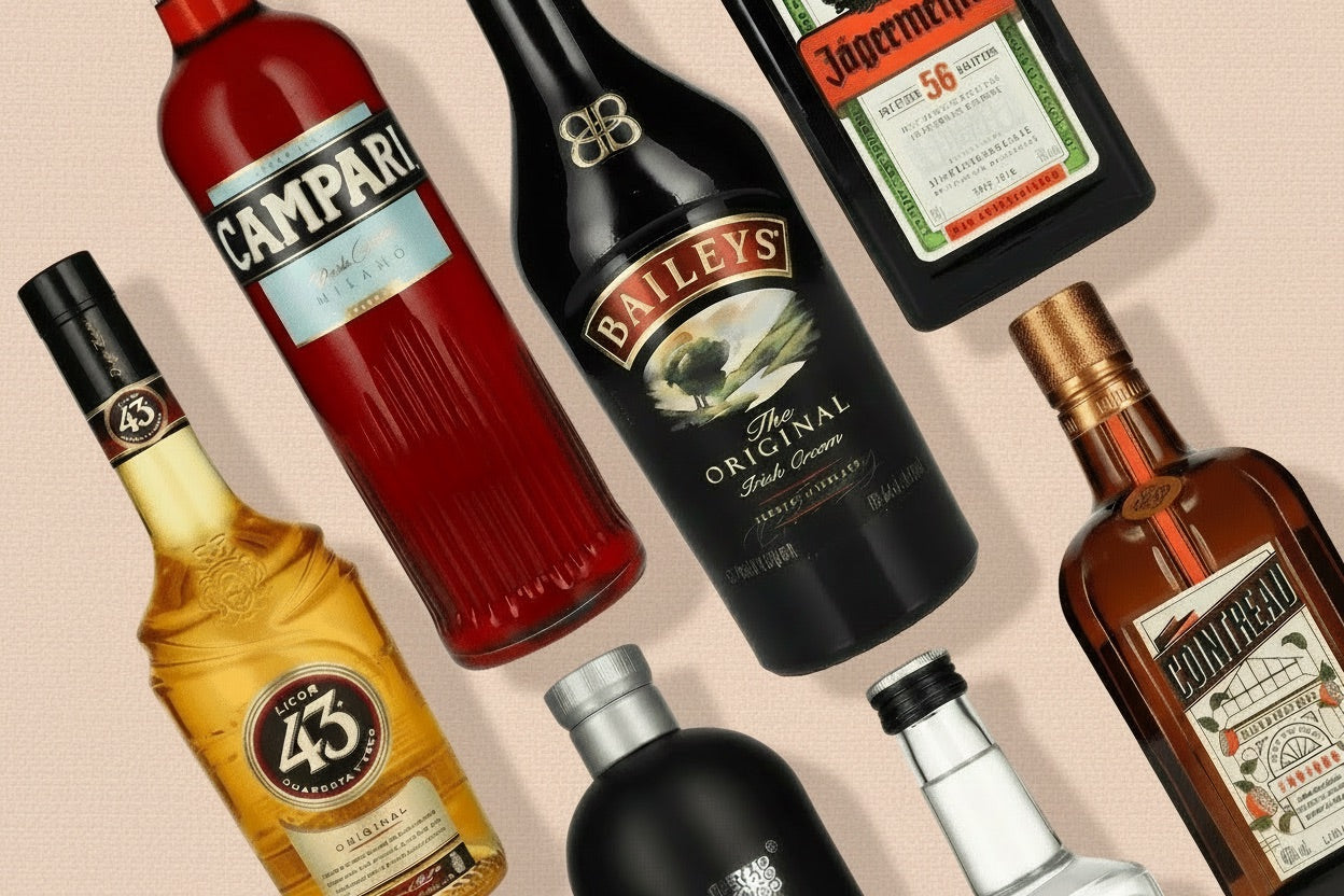 Fünf Likör- und Aperitifflaschen auf rosafarbenem Hintergrund.