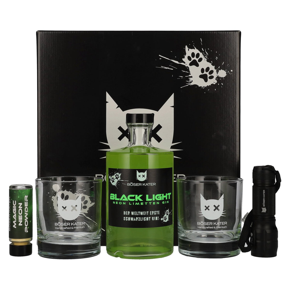 Böser Kater Black Light Neon Lime Gin 40% ABV, 0.5l, in a gift box with a UV torch and glasses