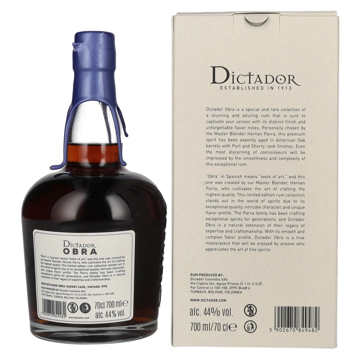 Dictador OBRA VINTAGE 25 Years Old SHERRY CASK Rum 1998 44% Vol. 0,7l in Geschenkbox