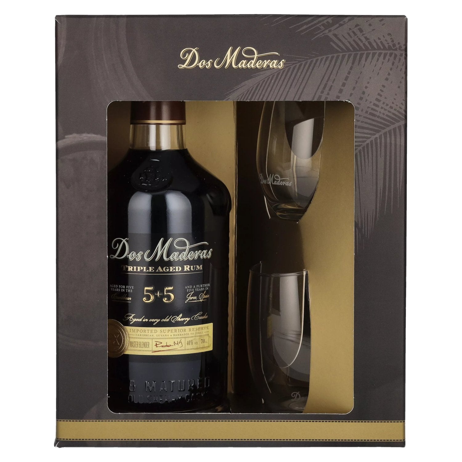 Dos Maderas PX 5+5 Years Old Triple Aged Spirit Drink 40% Vol. 0.7l in Gift Box with 2 Glasses
