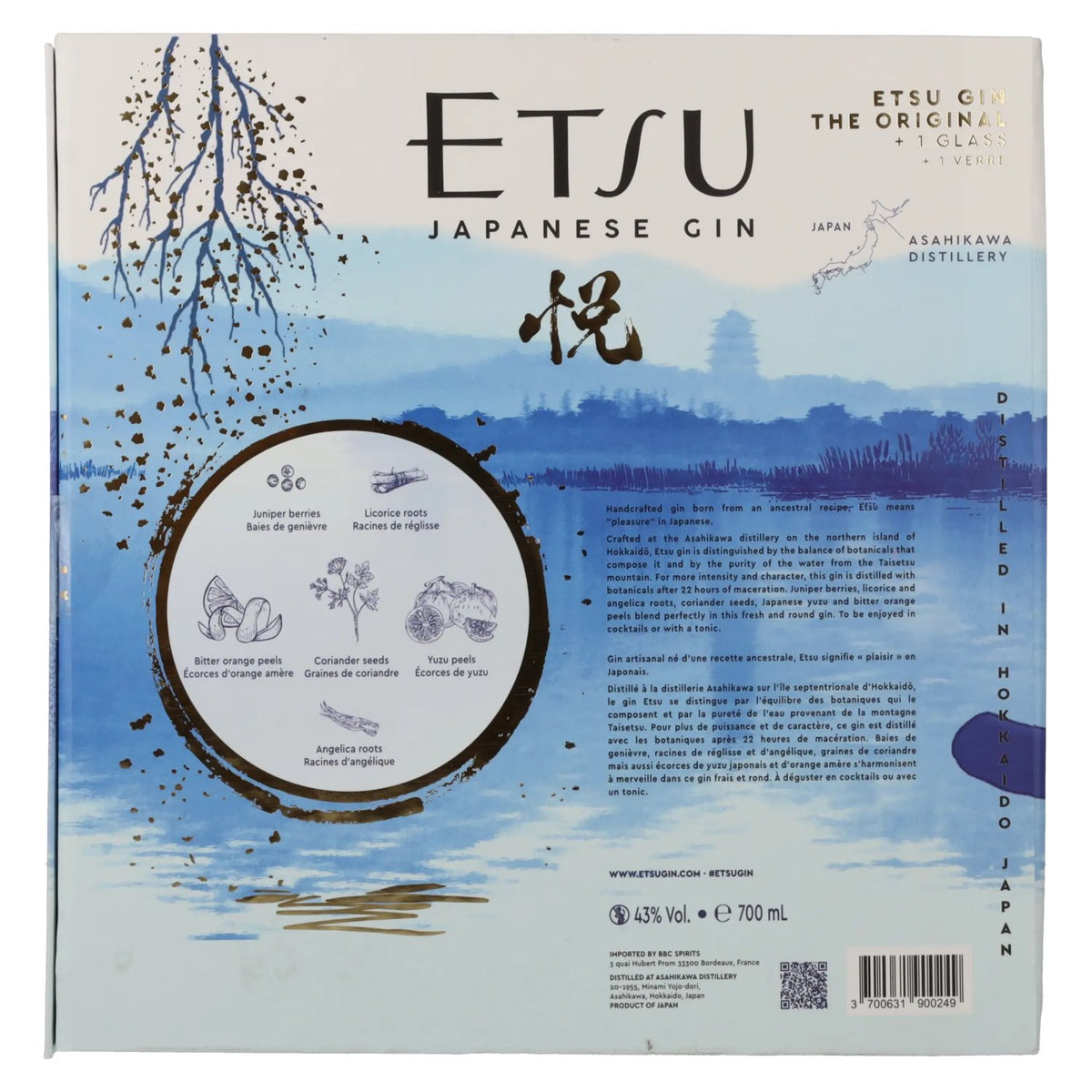 Etsu Japanese Handcrafted Gin The Original 43% ABV 0.7l in a gift box with a glass