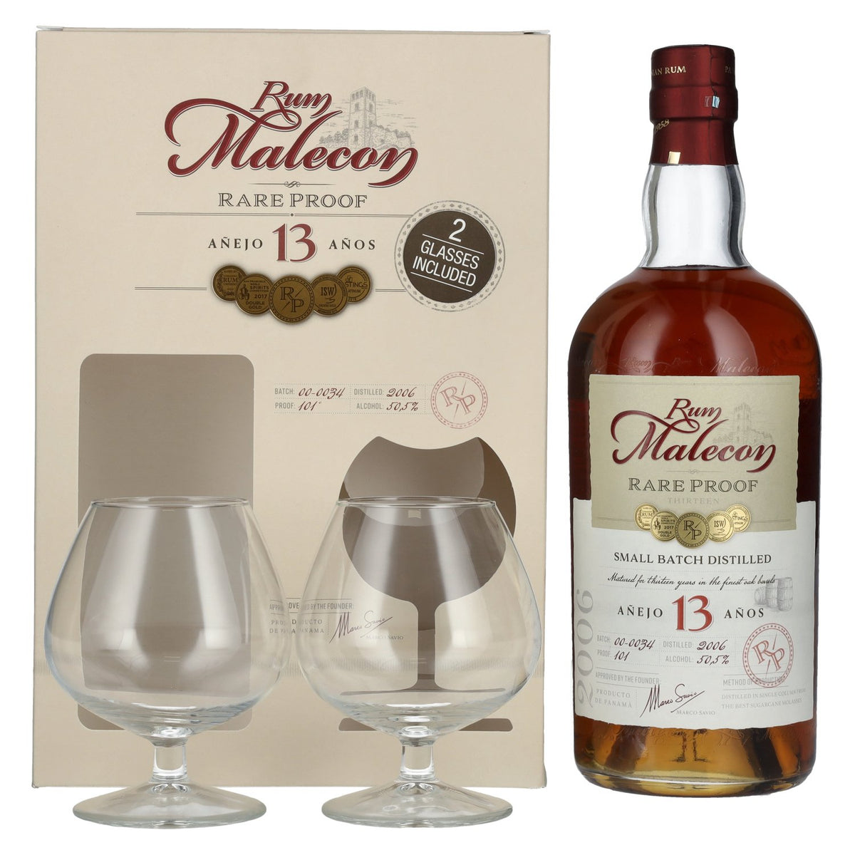 Rum Malecon Añejo 13 Years RARE PROOF 2006 50.5% Vol. 0.7l in gift box with 2 glasses