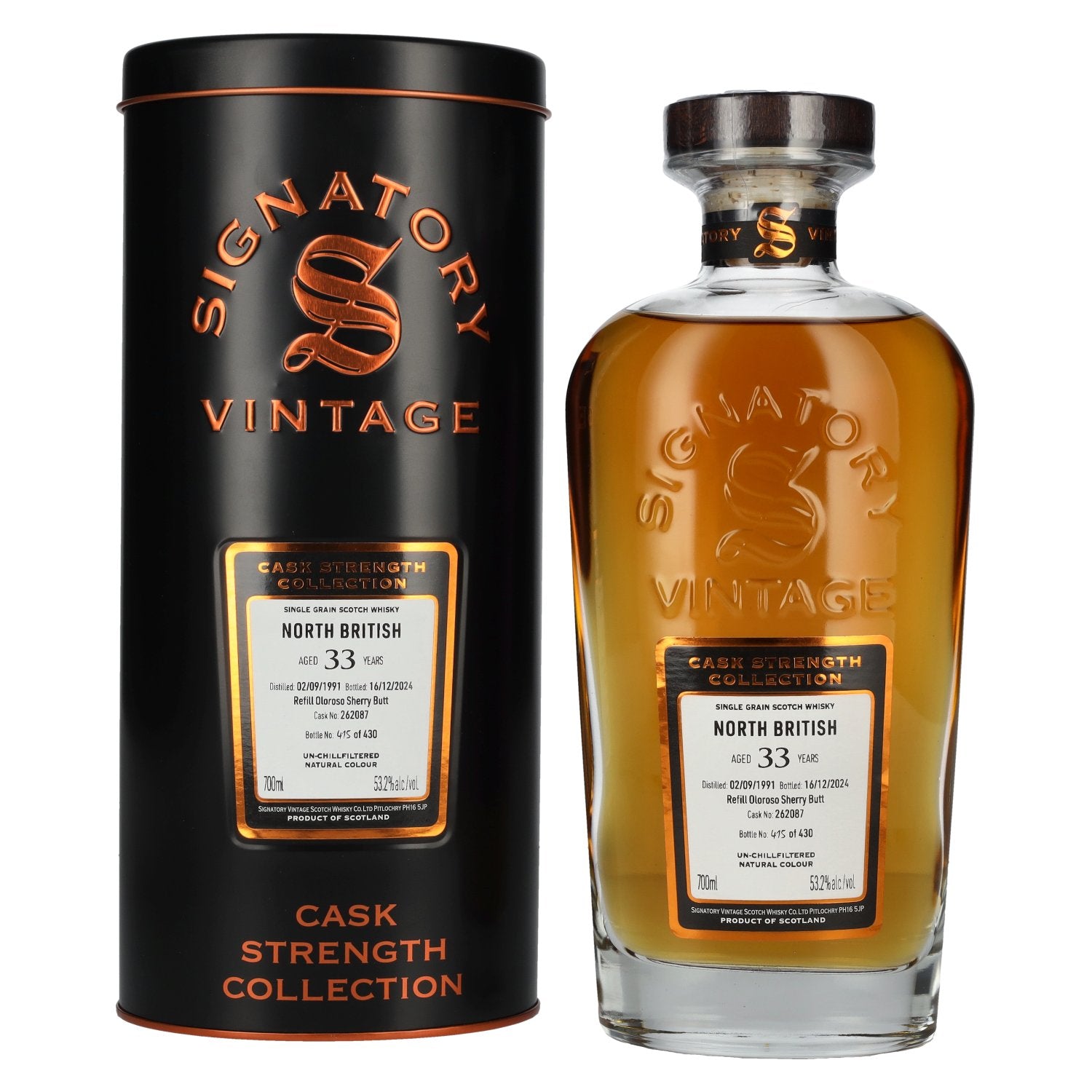 Signatory Vintage NORTH BRITISH 33 Years Old Refill Oloroso Cask Strength #262087 1991 53.2% Vol. 0.7l in Tinbox