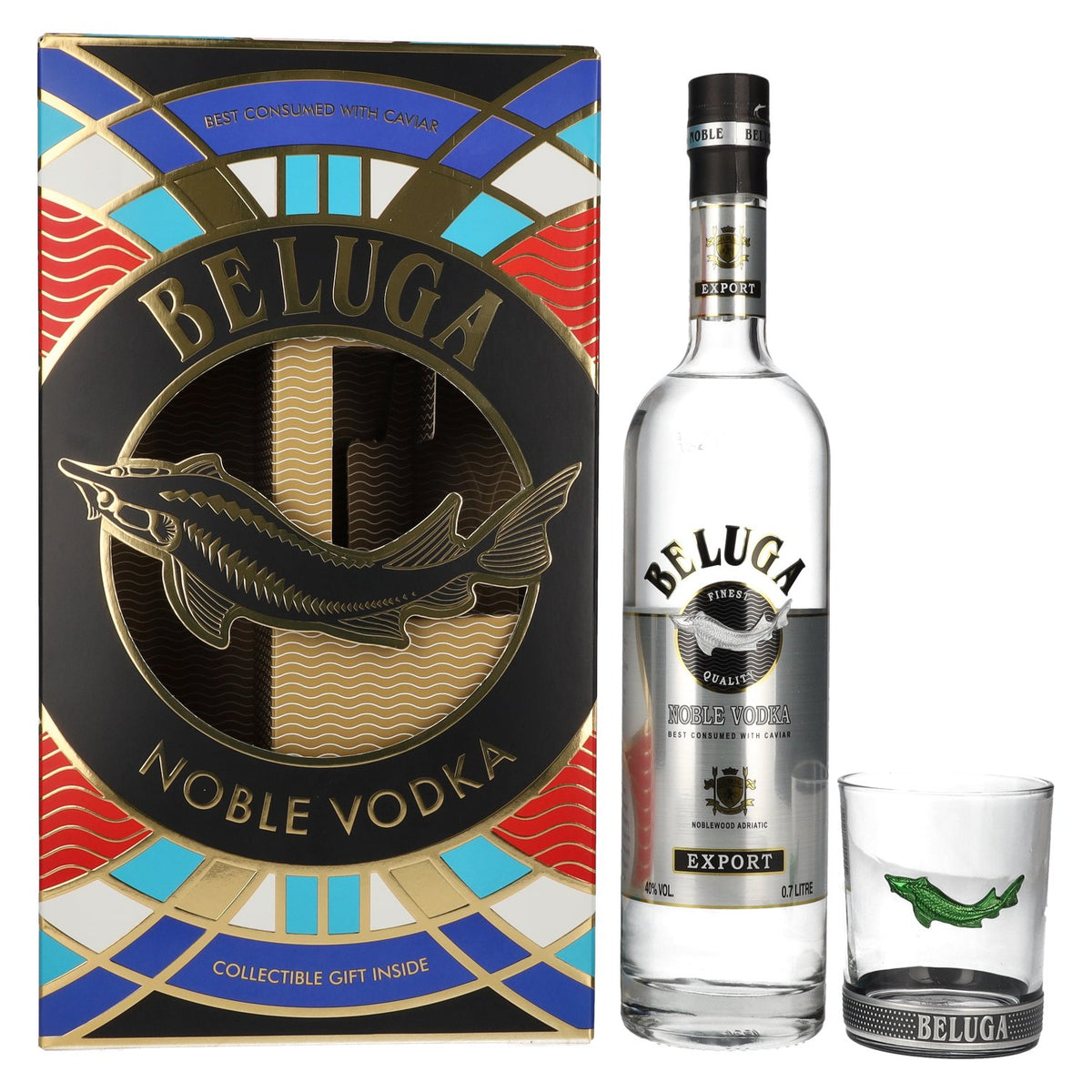 Beluga Noble Vodka EXPORT Montenegro 40% Vol. 0.7l in gift box with glass
