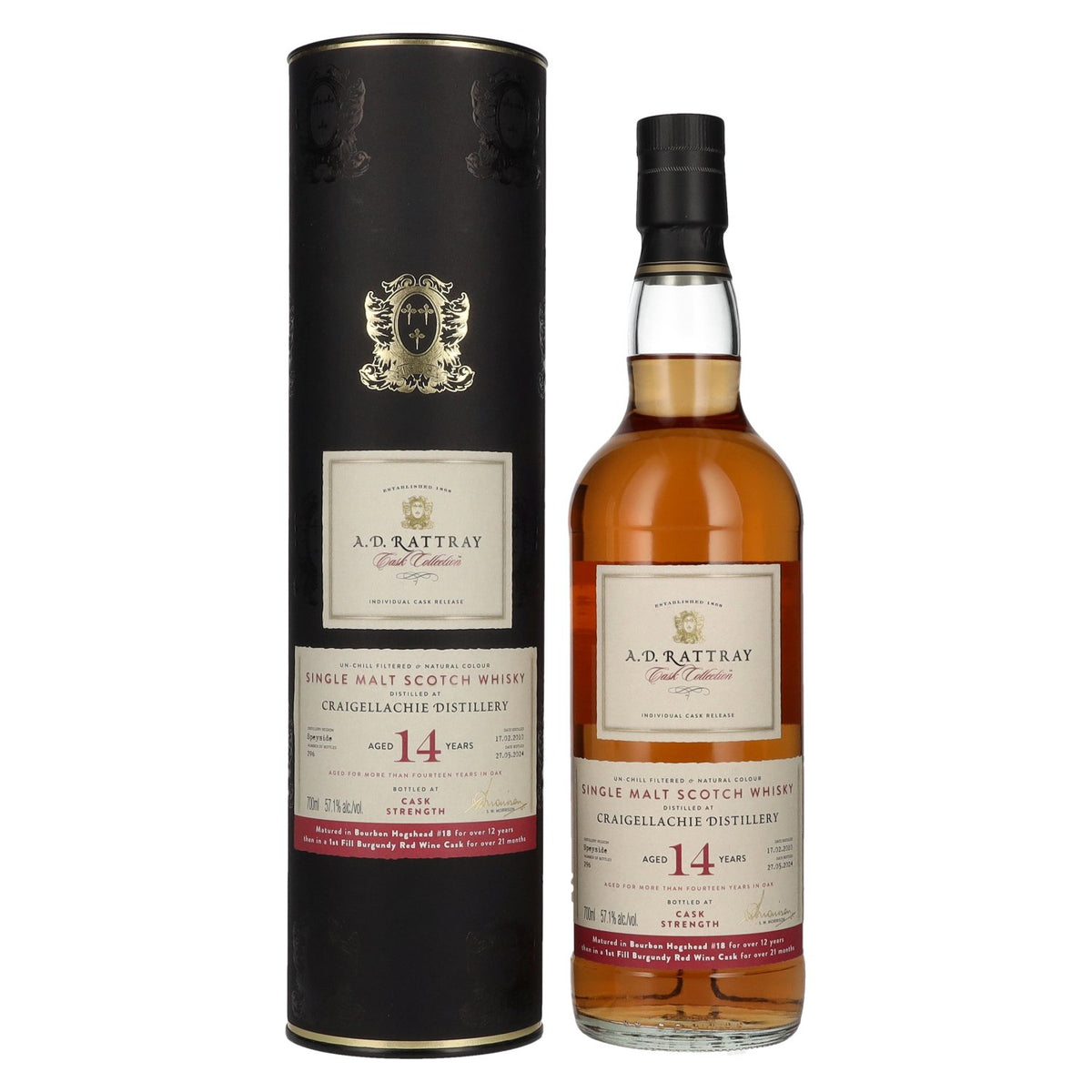 A.D. Rattray 14 Years Old CRAIGELLACHIE Burgundy Wine Finish Whisky 2010 57.1% Vol. 0.7L in Gift Box