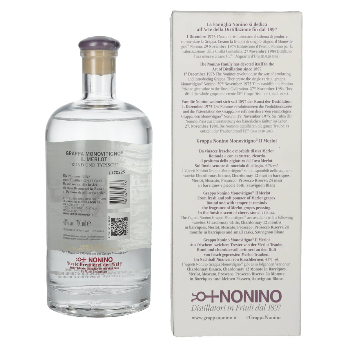 Nonino Grappa Monovitigno il Merlot 41% ABV, 0.7 litres, in a gift box