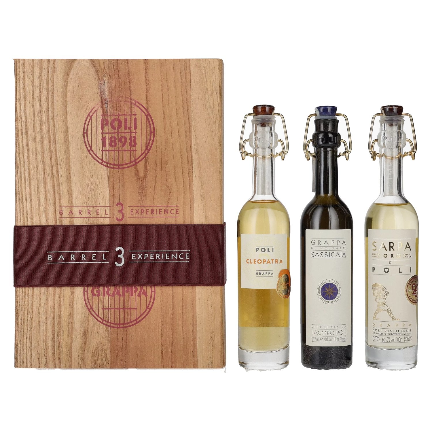 Poli Grappa Baby Pack ORO 40% Vol. 3x0.1l in Wooden Box