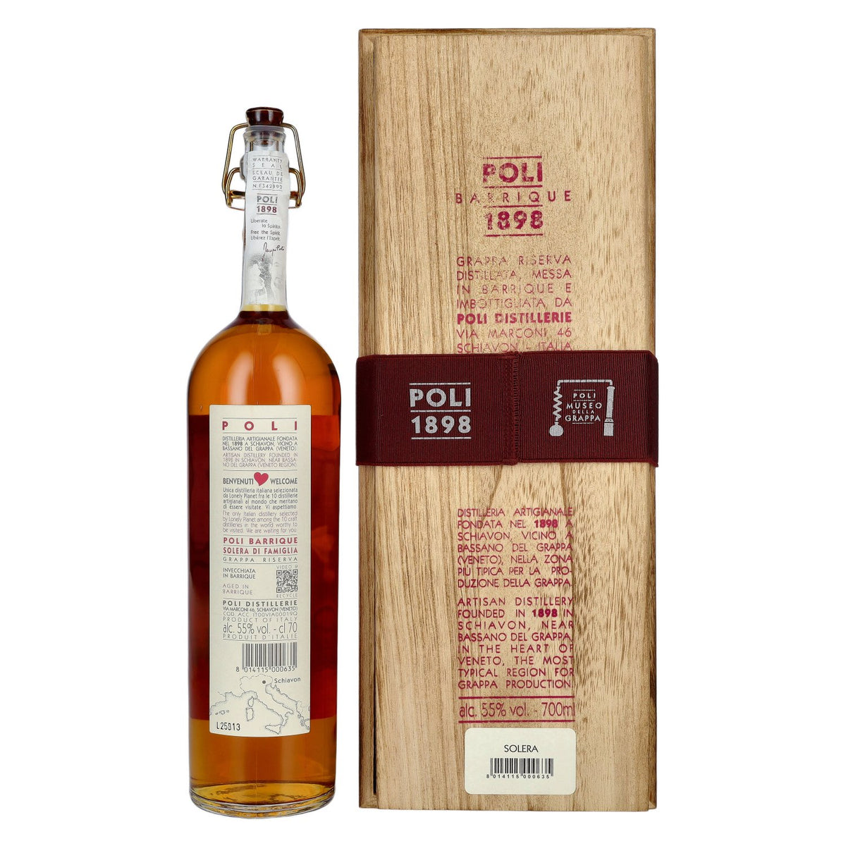 Poli Grappa Barrique 1898 Solera di Famiglia 55% Vol. 0.7l in wooden box