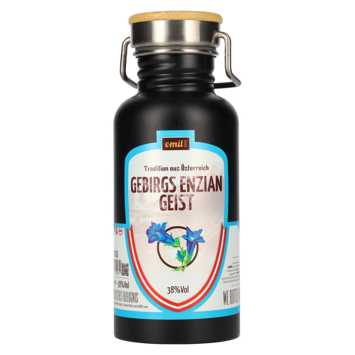 emil 1868 Mountain Gentian Spirit 38% vol. 0.5 l in a stainless steel jug