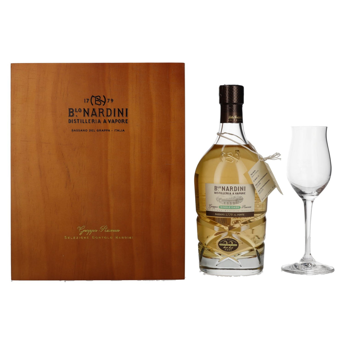Nardini Grappa Riserva 22 YEARS Single Cask 45% Vol. 0.7l in Wooden Box with Glass