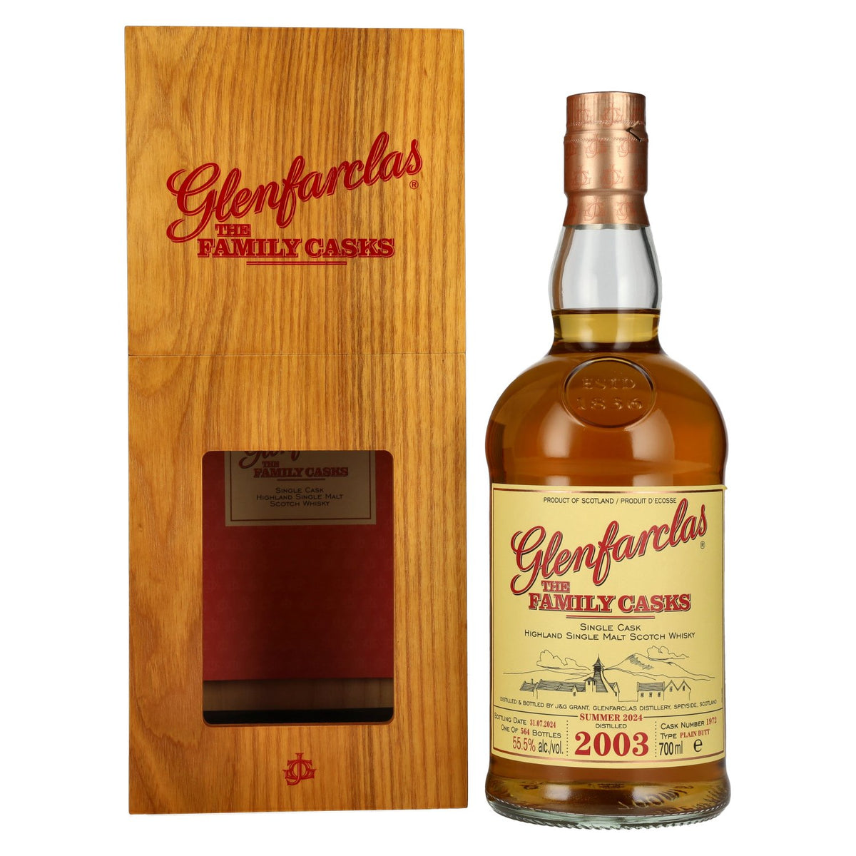 Glenfarclas THE FAMILY CASKS Single Cask SUMMER 2024 Plain Butt #1972 2003 55.5% Vol. 0.7l in wooden box