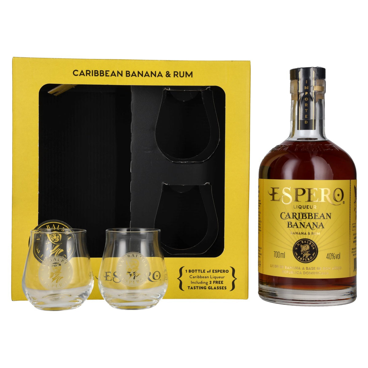Ron Espero Caribbean Banana &amp; Rum Liqueur 40% ABV, 0.7 litres, in a gift box with 2 glasses