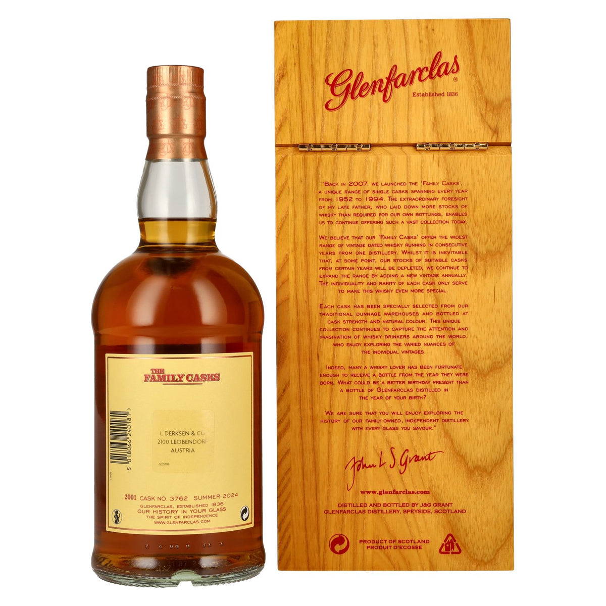 Glenfarclas THE FAMILY CASKS Single Cask SUMMER 2024 Refill Hogshead #3762 2001 54.7% Vol. 0.7l in wooden box
