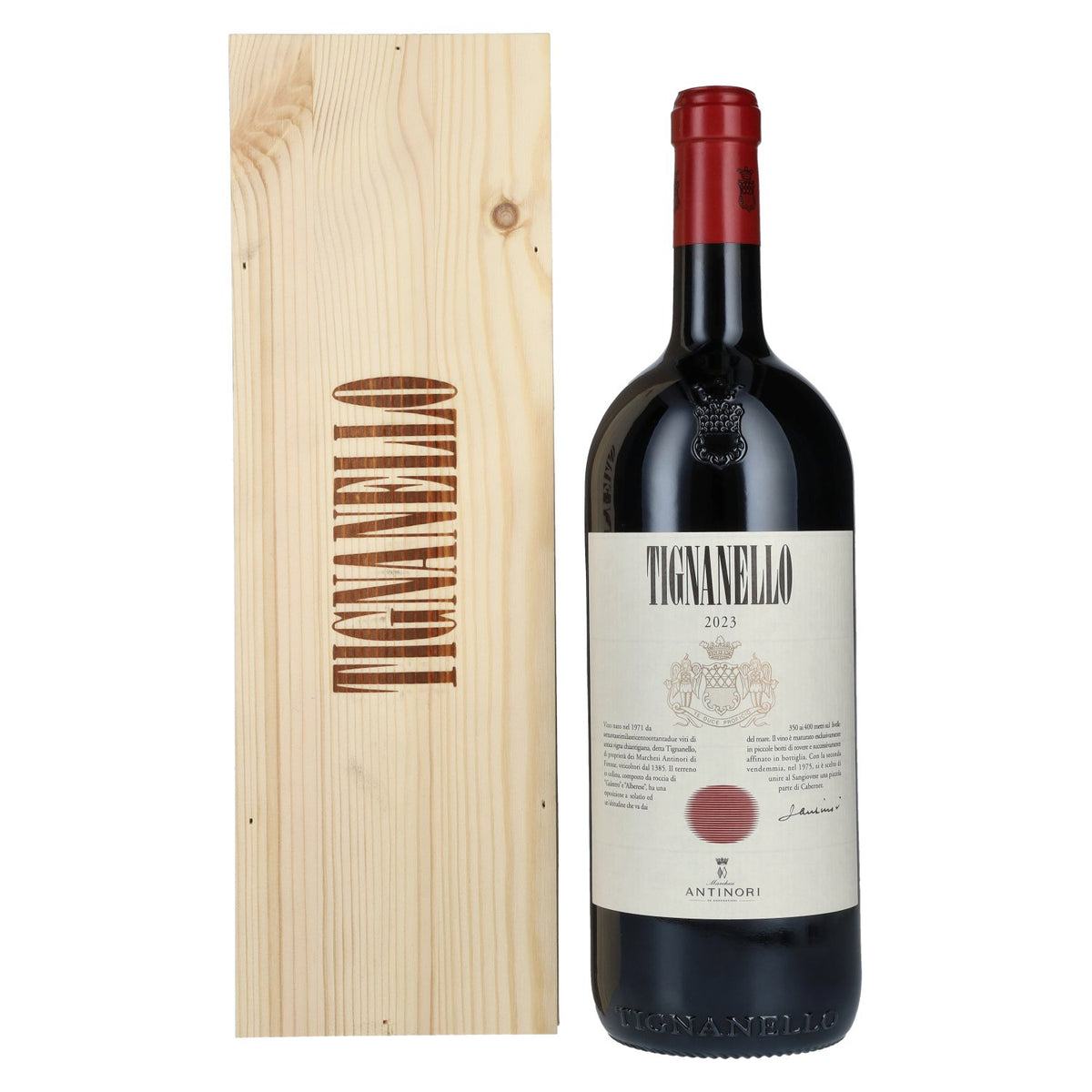 Marchesi Antinori Tignanello IGT 2023 14.5% ABV 1.5 litres in a wooden crate