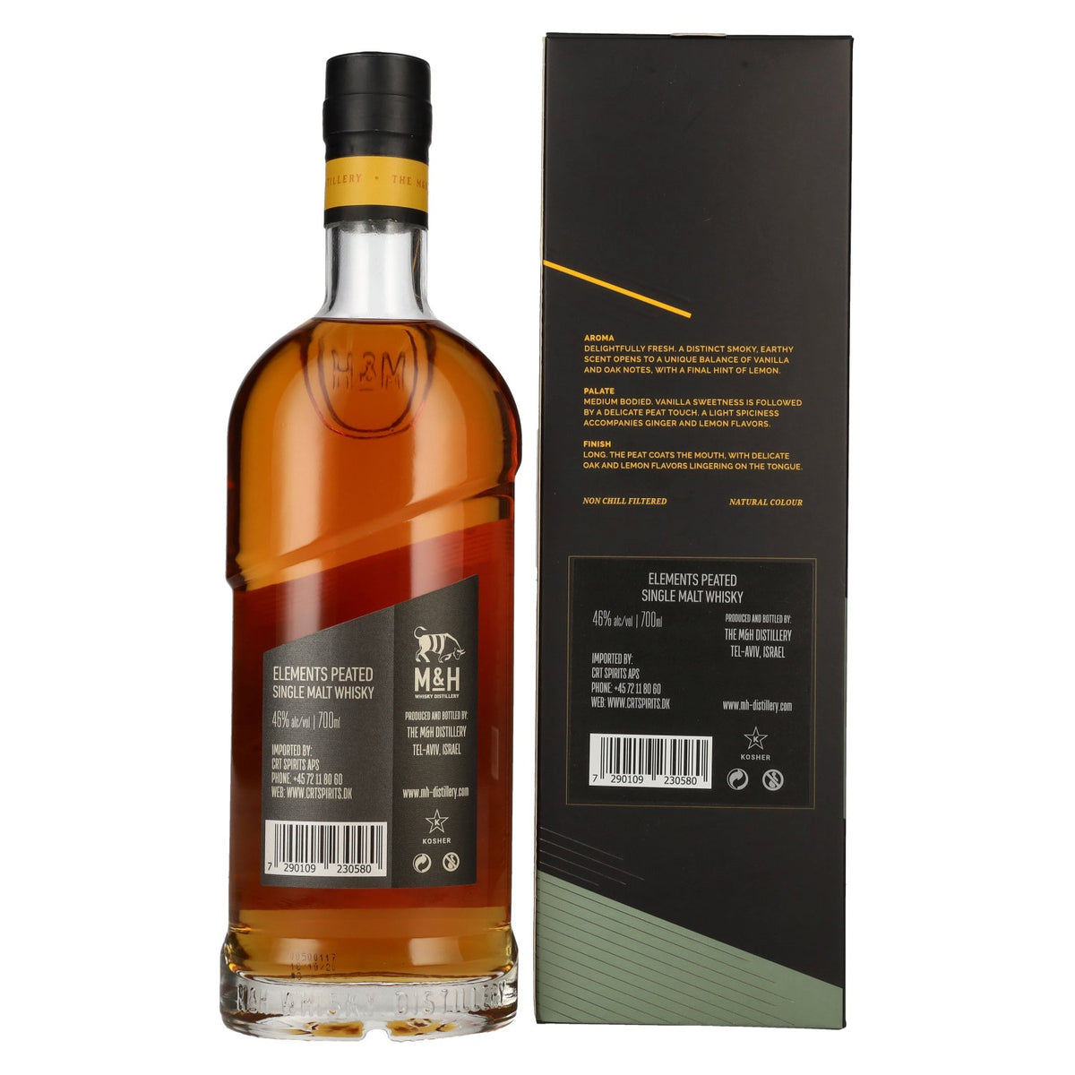 M&amp;H Elements Peated Single Malt Whisky 46% vol. 0.7 l in a gift box