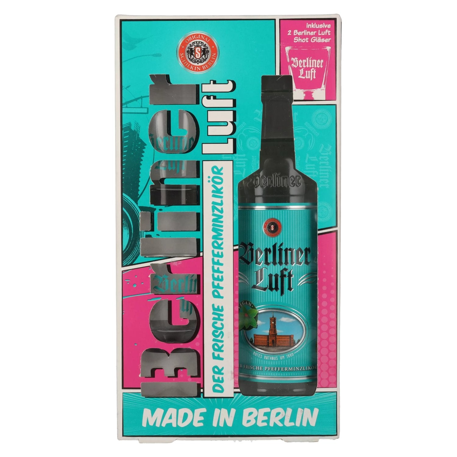 Berliner Luft DER FRISCHE Pfefferminzlikör 18% Vol. 0,7l in Geschenkbox mit 2 Gläsern