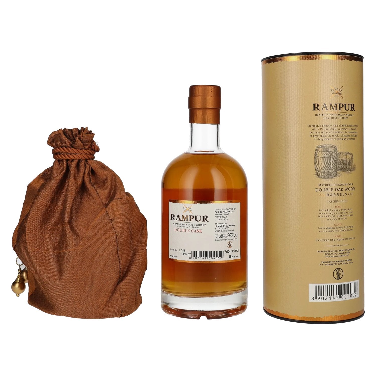 Rampur DOUBLE CASK Indian Single Malt Whisky 45% Vol. 0.7L in gift box with pouch
