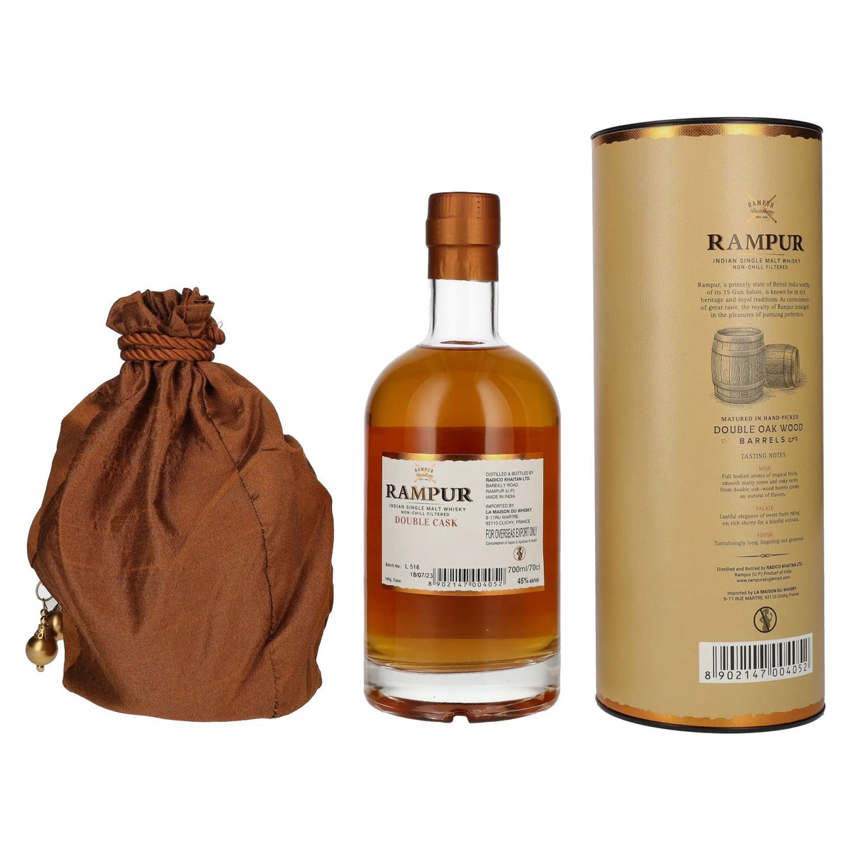 Rampur DOUBLE CASK Indian Single Malt Whisky 45% Vol. 0.7L in gift box with pouch