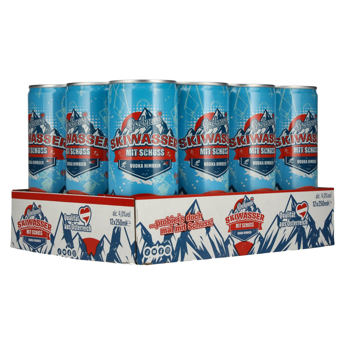 Gschpusi Skiwasser with a dash of alcohol, 4% ABV, 12 x 0.25l tins, deposit required