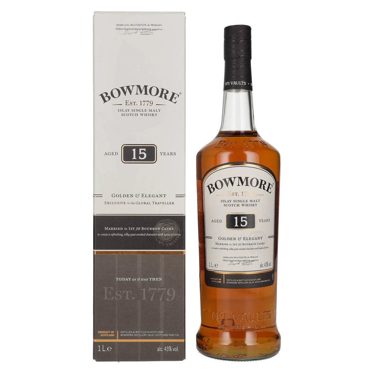 Bowmore 15 Years Old GOLDEN &amp; ELEGANT Travel Exclusive 43% vol. 1 litre in a gift box