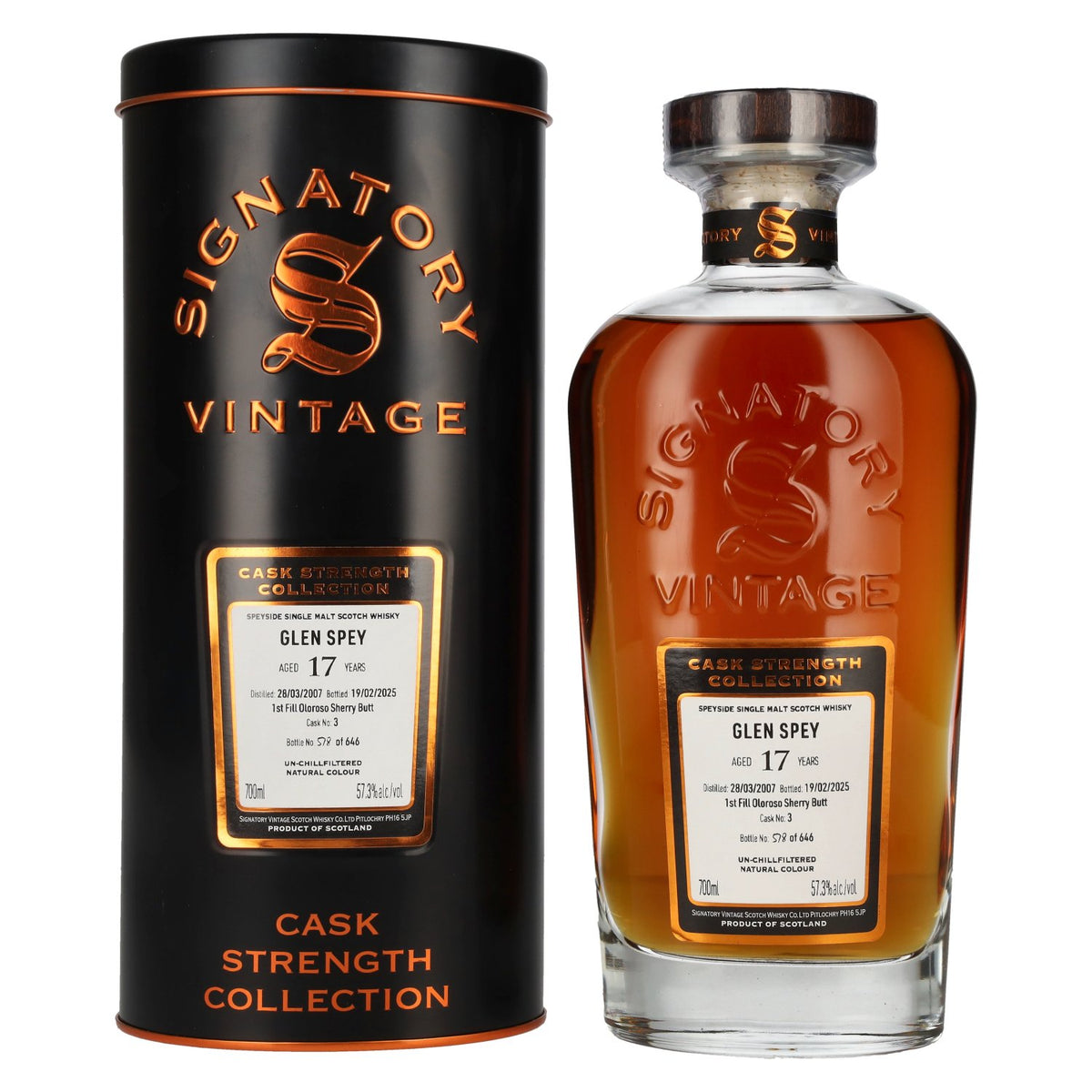 Signatory Vintage GLEN SPEY 17 Years Old 1st Fill Oloroso Cask Strength #3 2007 57.3% Vol. 0.7L in Tin Box