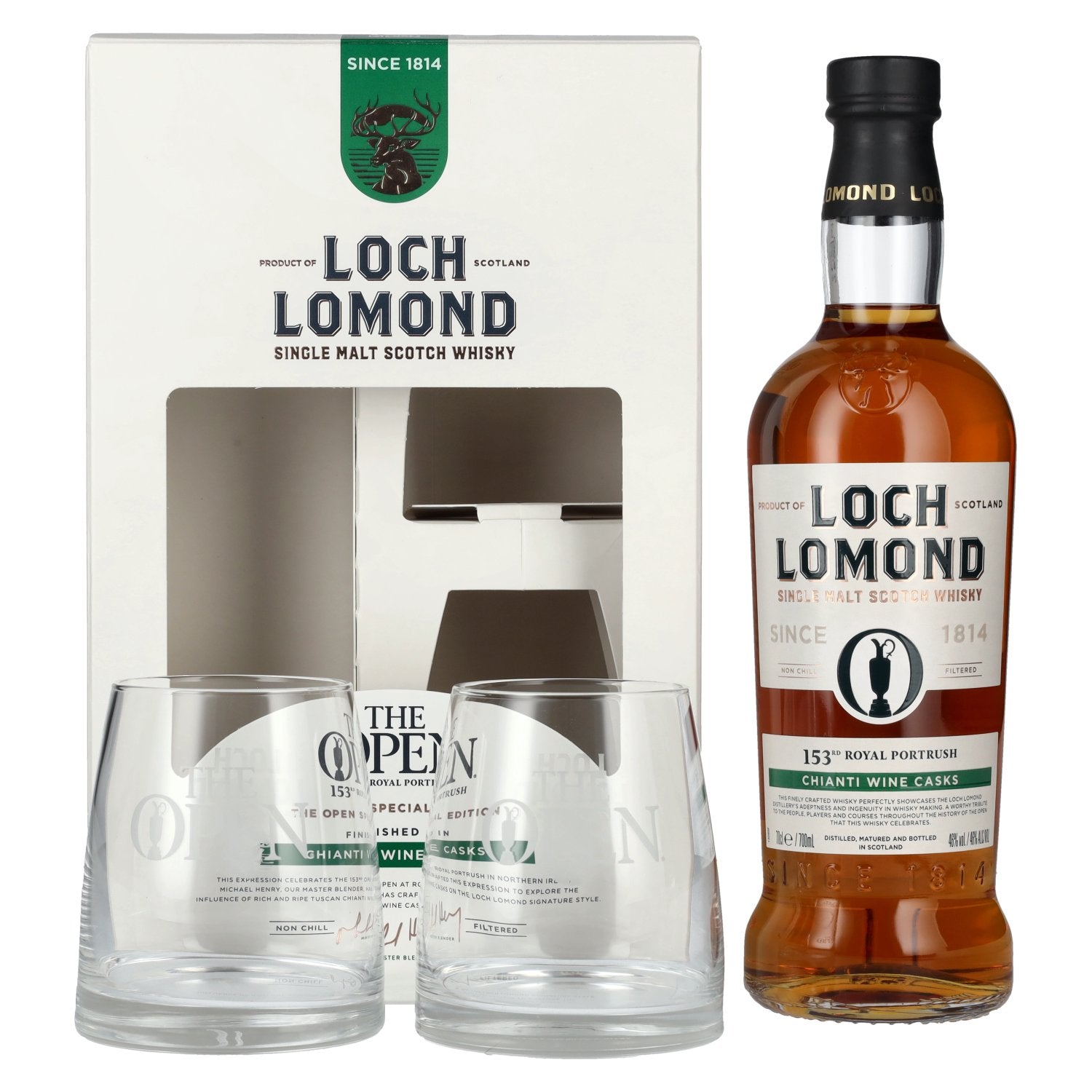 Loch Lomond THE OPEN SPECIAL EDITION 153rd Royal Portrush Chianti Wine 2025 46% Vol. 0.7l in gift box with 2 glasses