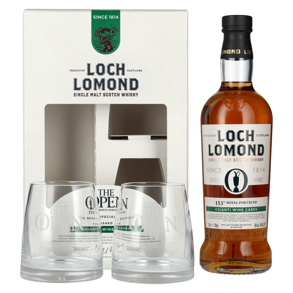 Loch Lomond THE OPEN SPECIAL EDITION 153rd Royal Portrush Chianti Wine 2025 46% Vol. 0.7l in gift box with 2 glasses