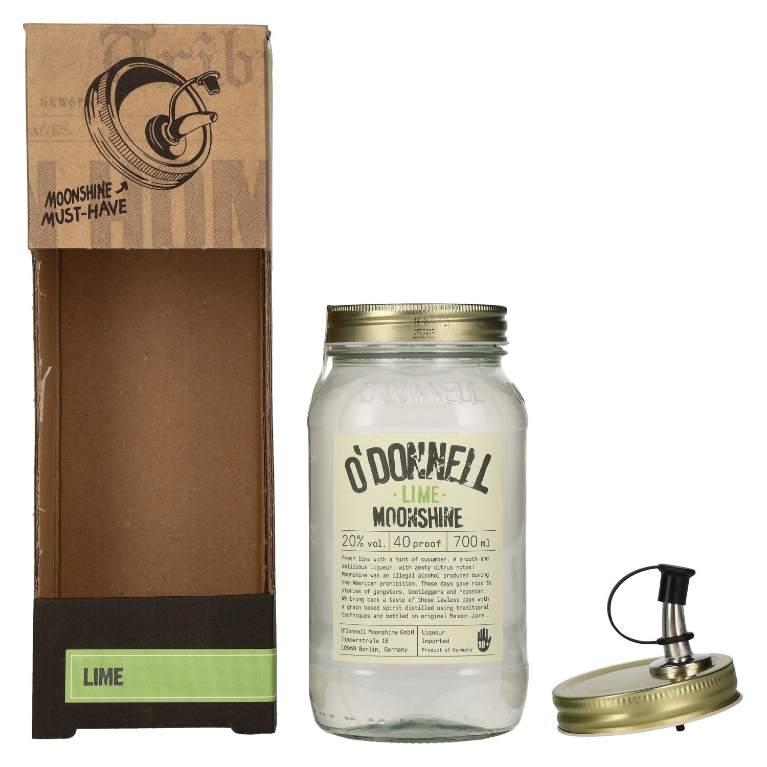 O'Donnell Moonshine LIME Likör 20% Vol. 0,7l in Geschenkbox mit Ausgießer