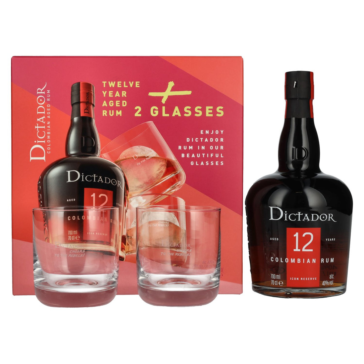 Dictador 12 Years Old ICON RESERVE Colombian Rum 40% Vol. 0.7l in gift box with 2 glasses