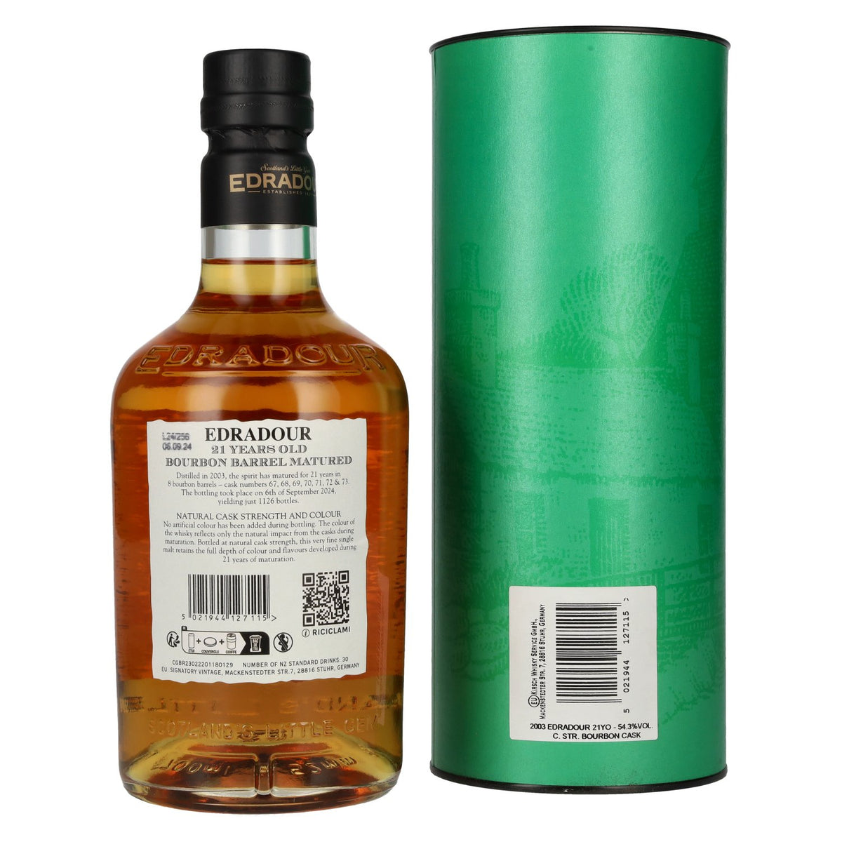 Edradour 21 Years Old Bourbon Barrel Matured Highland Single Malt Whisky 54.3% Vol. 0.7l in Gift Box