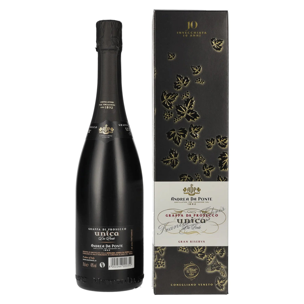 Andrea Da Ponte Grappa da Prosecco Unica Da Ponte 10 Anni 40% ABV 0.7l in a gift box