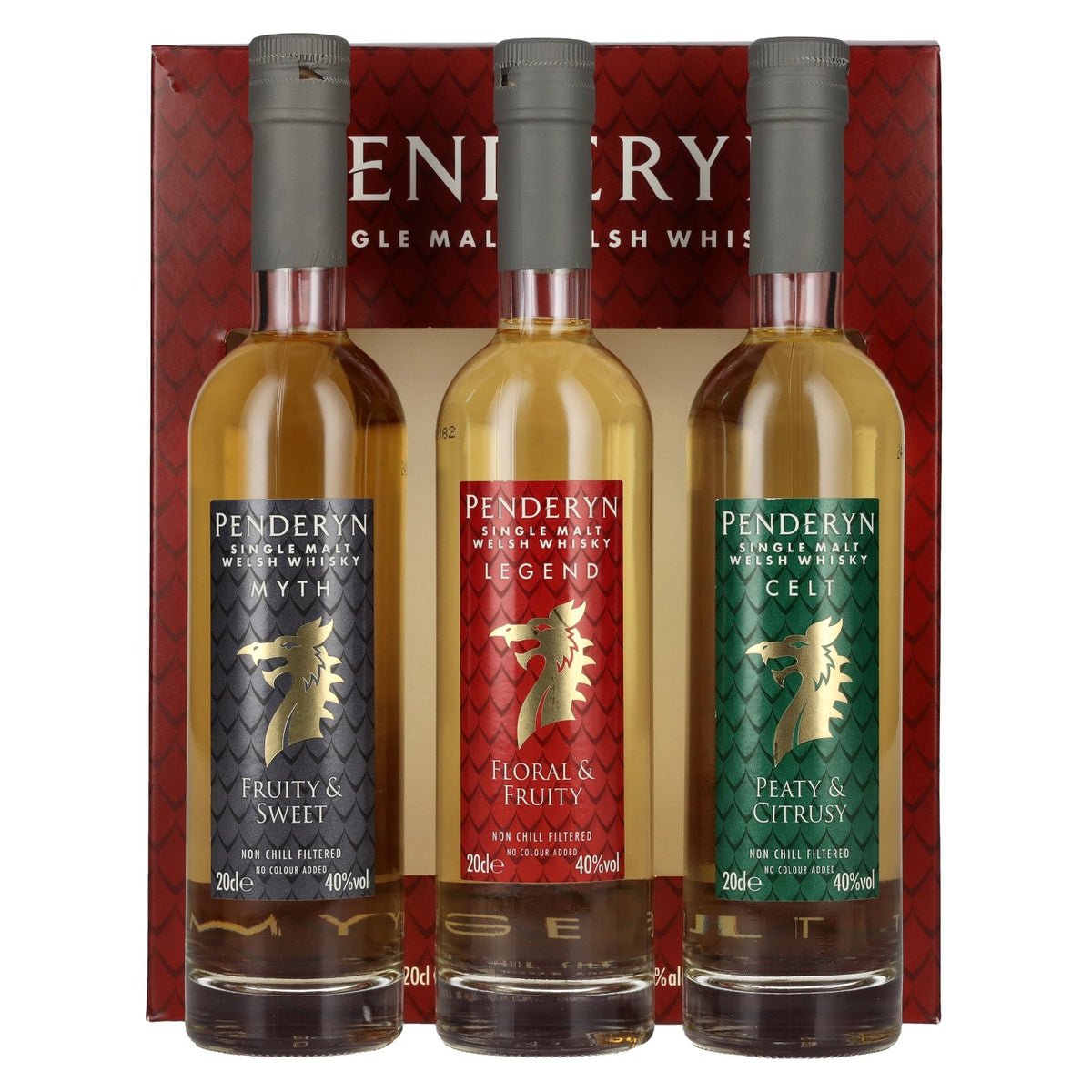Penderyn MYTH, LEGEND, CELT Single Malt Welsh Whisky 40% Vol. 3x0.2l in Gift Box