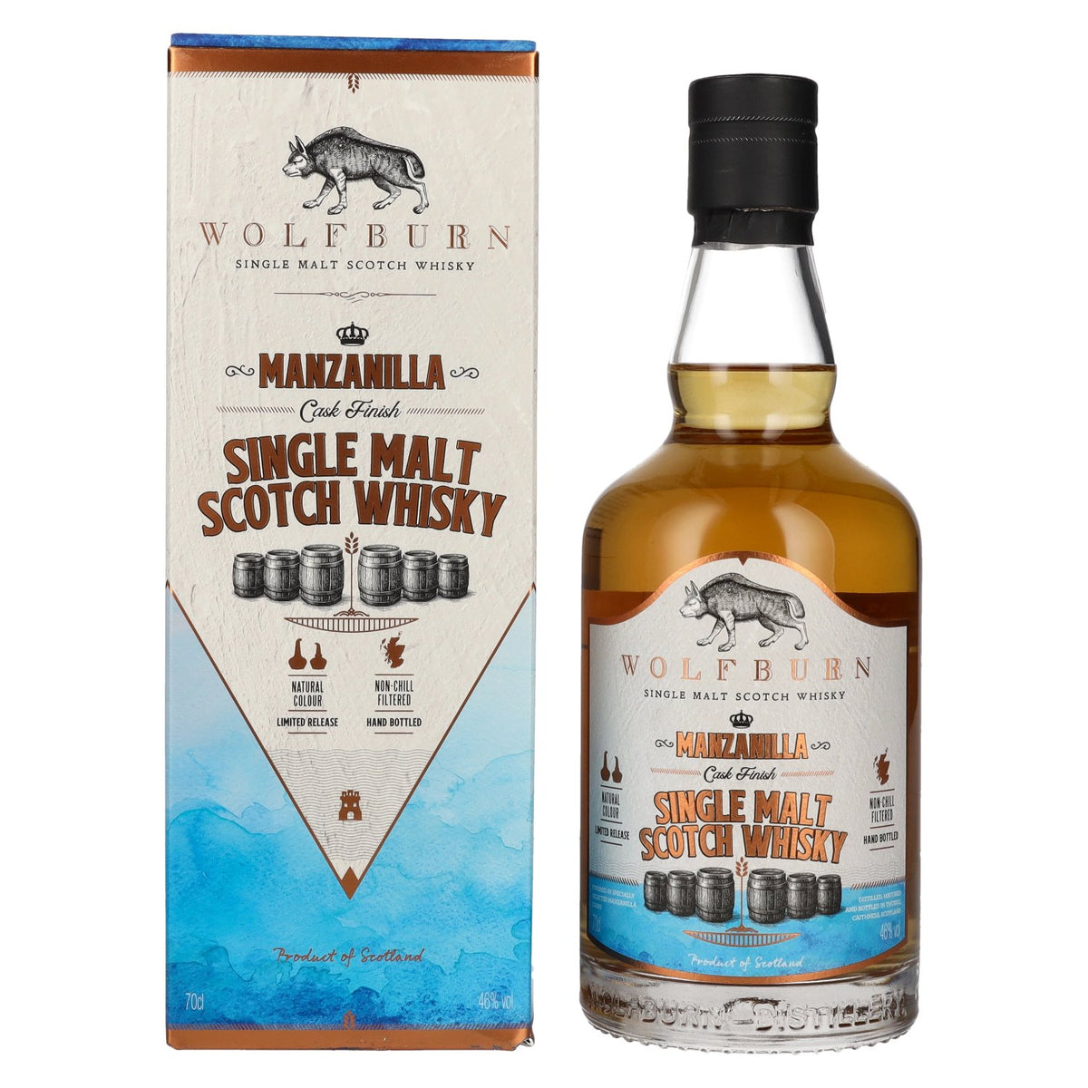 Wolfburn MANZANILLA Single Malt Scotch Whisky 46% ABV, 0.7 litres, in a gift box