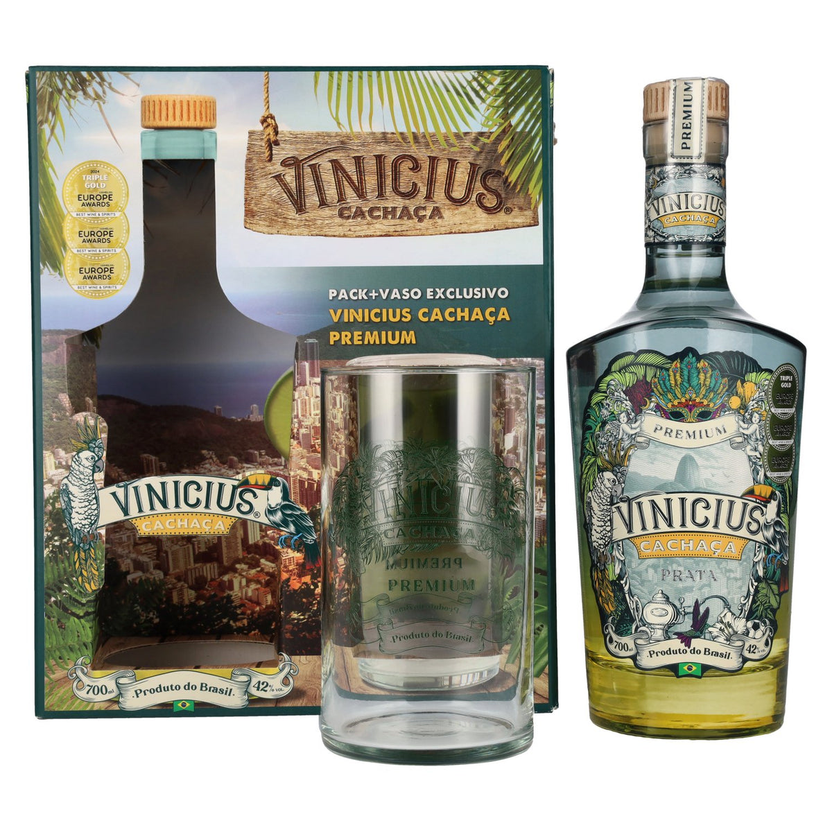 VINICIUS Premium Cachaca Prata 42% Vol. 0,7l in Geschenkbox mit Glas