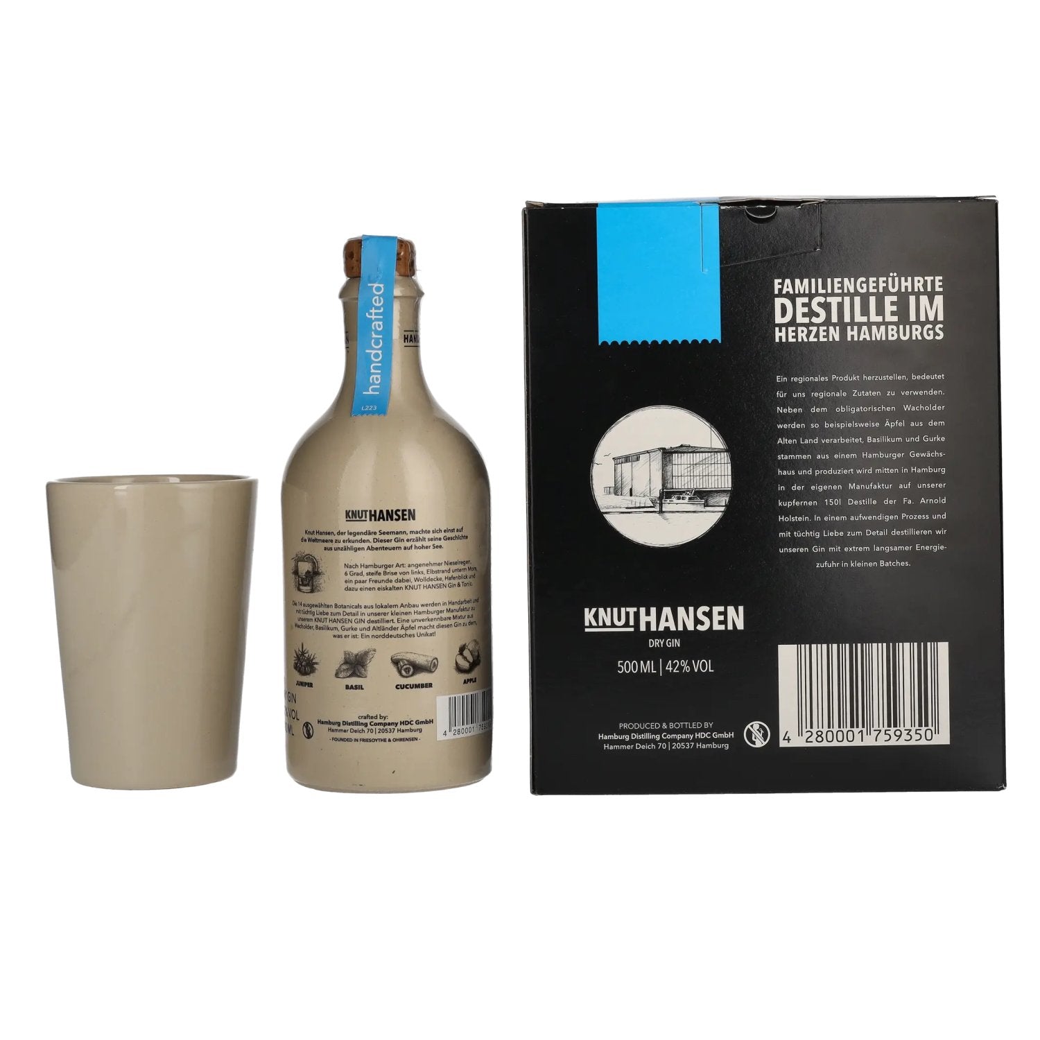 Knut Hansen Dry Gin 42% Vol. 0.5l in gift box with ceramic mug