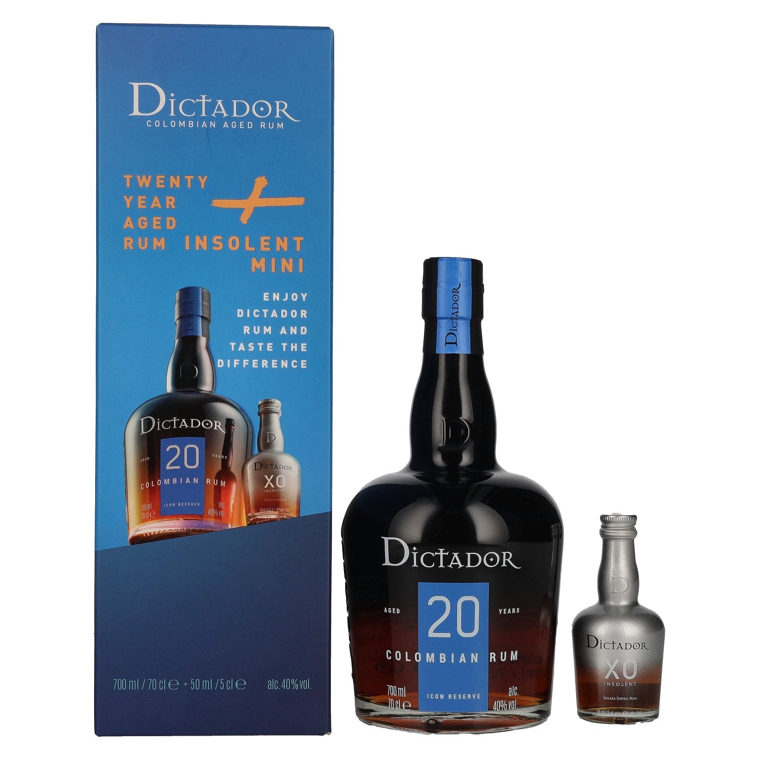 Dictador 20 Years Old ICON RESERVE Colombian Rum 40% Vol. 0.7l in gift box with Dictador XO Insolent Miniature 0.05l