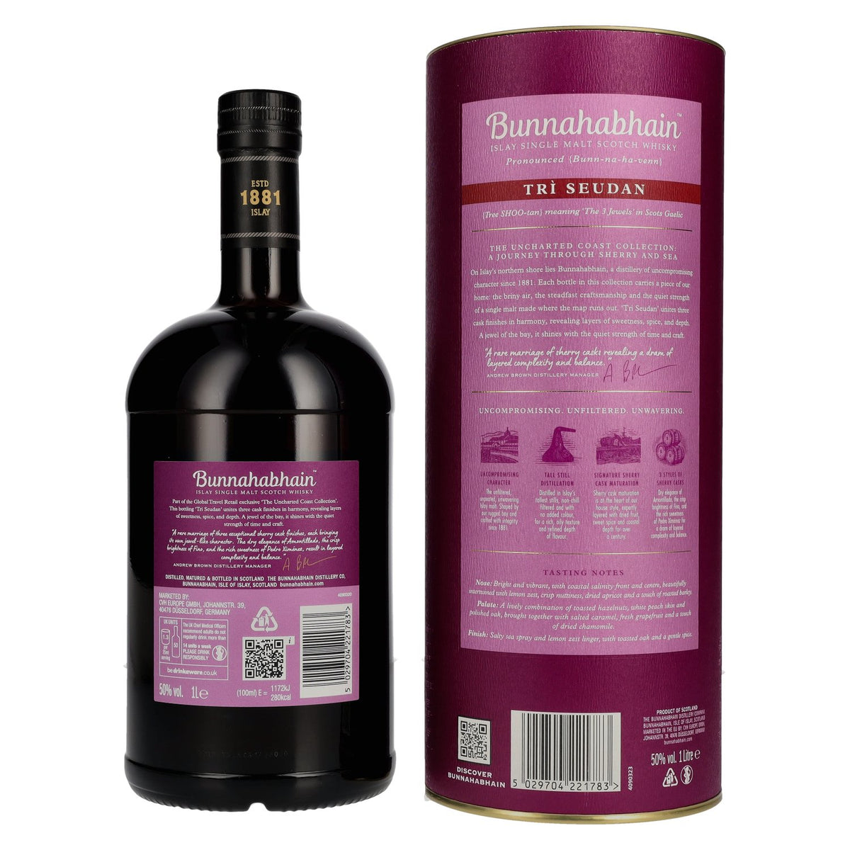 Bunnahabhain TRÌ SEUDAN Islay Single Malt Scotch Whisky 50% ABV, 1 litre, in a gift box