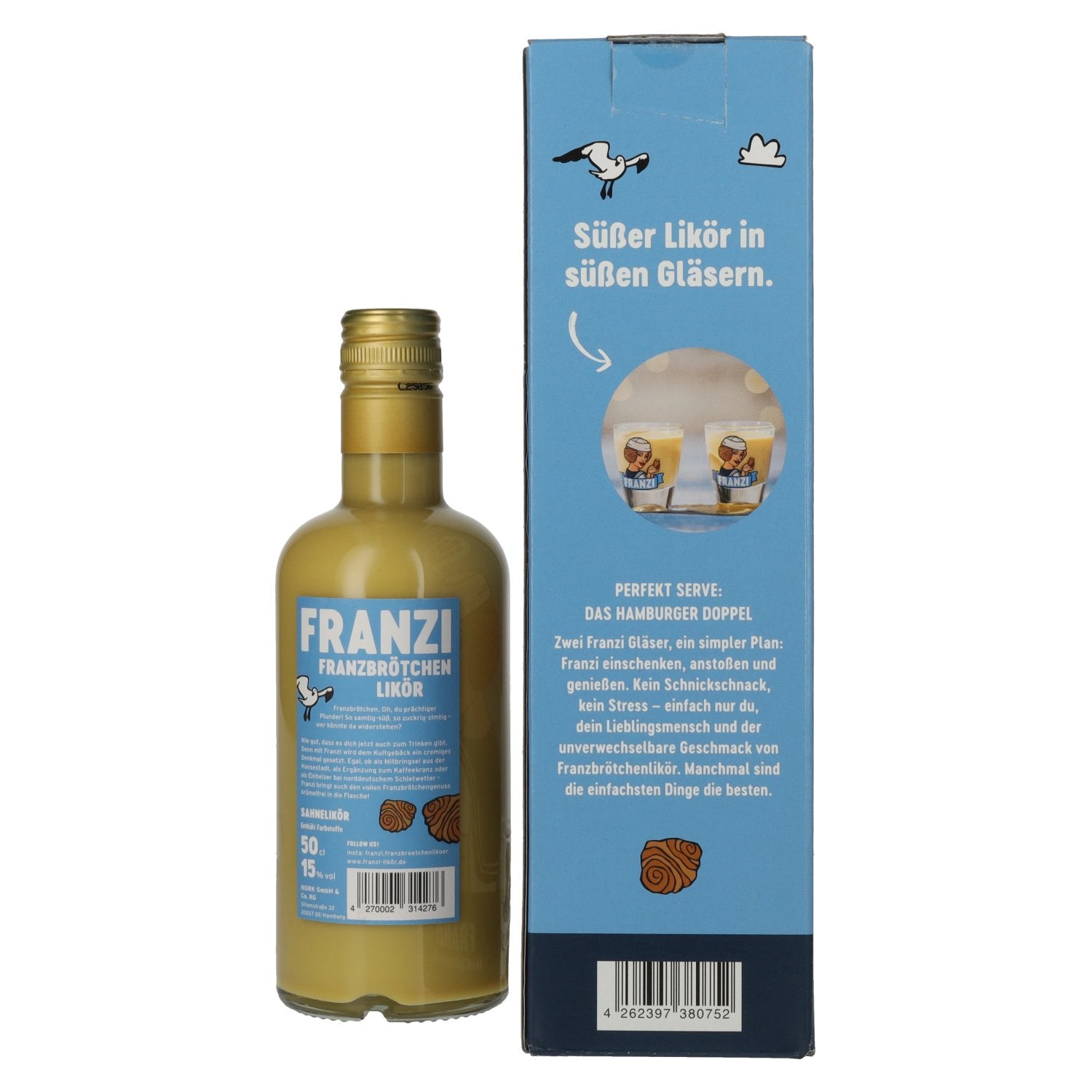 Franzi Franzbrötchen Likör 15% Vol. 0,5l in Geschenkbox mit 2 Shotgläser