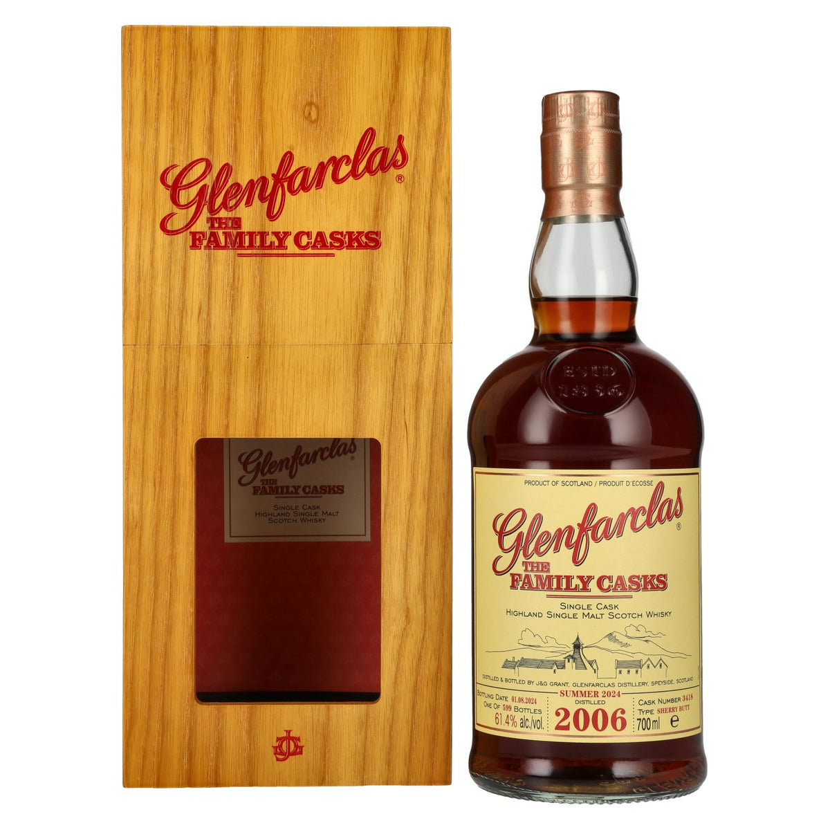 Glenfarclas THE FAMILY CASKS Single Cask SUMMER 2024 Sherry Butt #3418 2006 61.4% Vol. 0.7L in wooden box