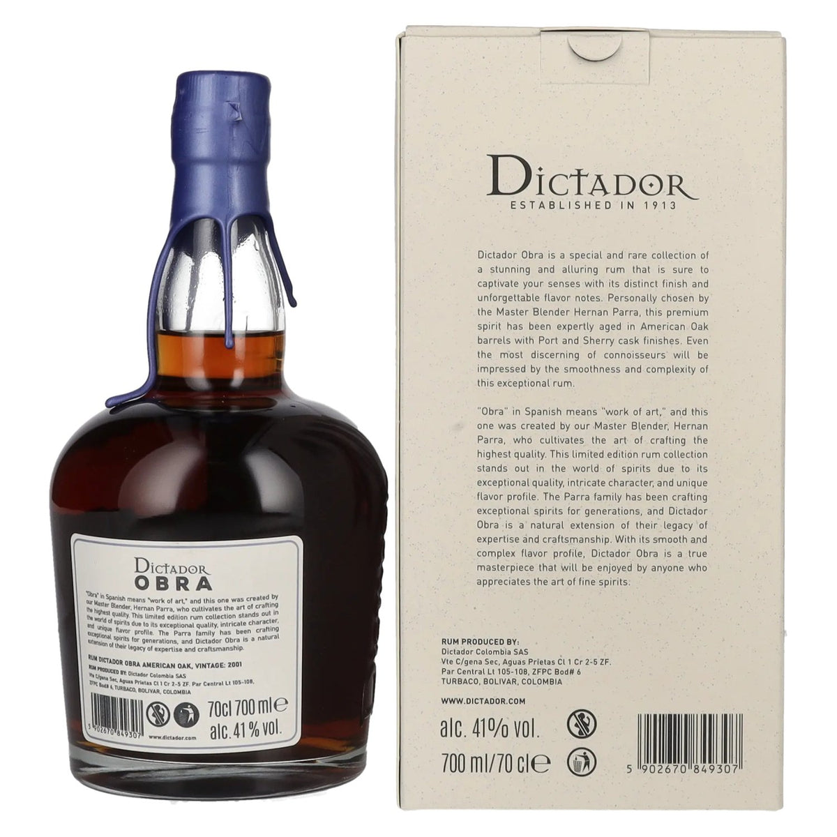 Dictador OBRA VINTAGE 22 Years Old AMERICAN OAK CASK Rum 2001 41% Vol. 0.7L in Gift Box