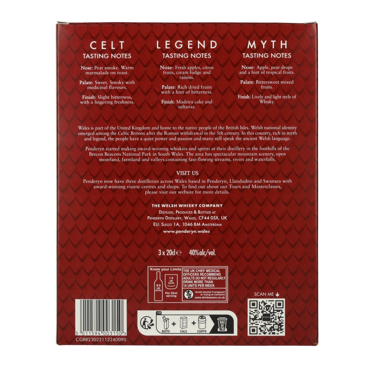 Penderyn MYTH, LEGEND, CELT Single Malt Welsh Whisky 40% Vol. 3x0.2l in Gift Box