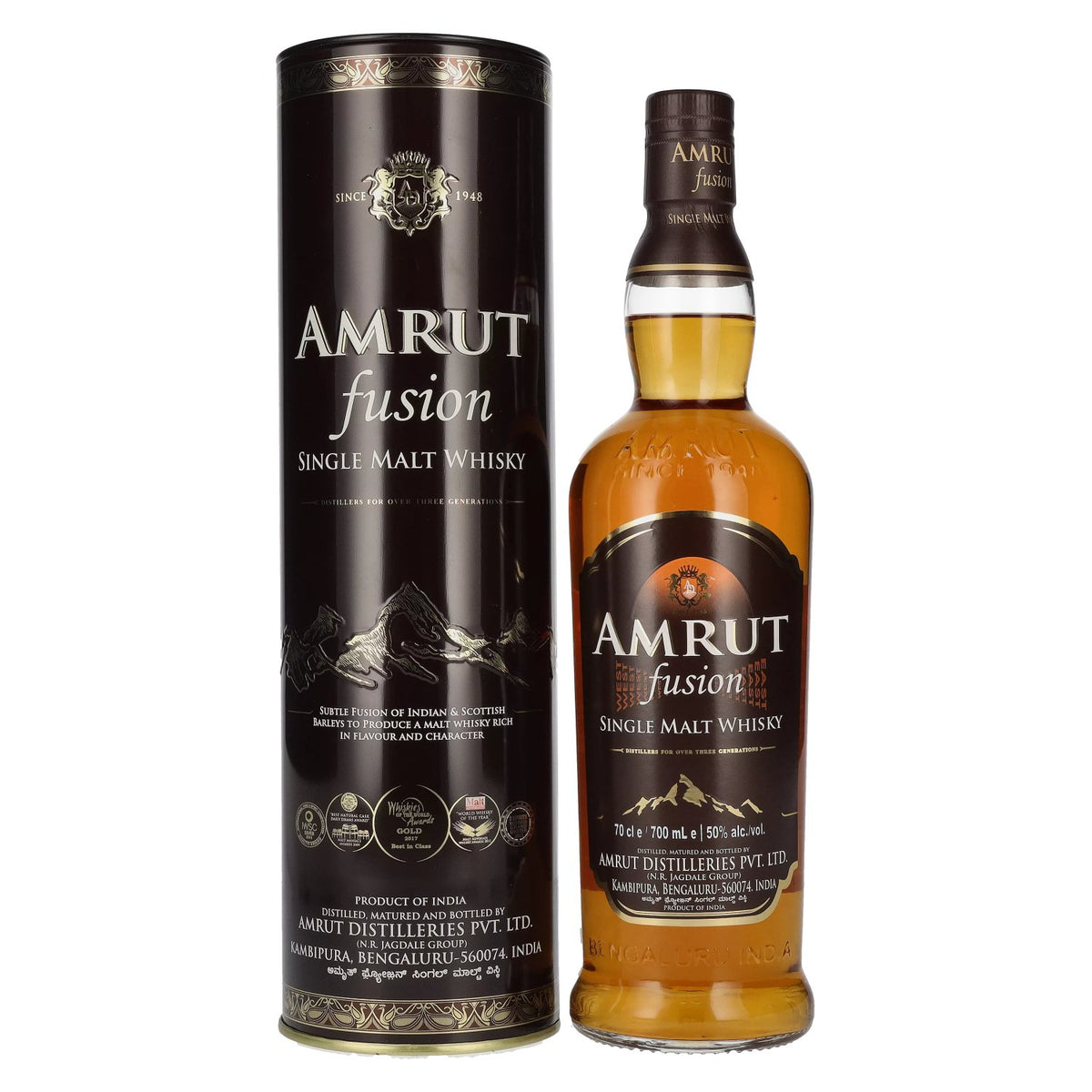 Amrut Indian FUSION Single Malt Whisky 50% vol. 0.7 l in a tin box