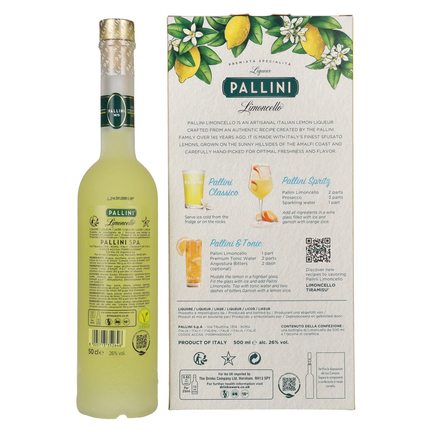 Pallini Limoncello Liqueur 26% Vol. 0.5L in Gift Box with Ceramic Mug