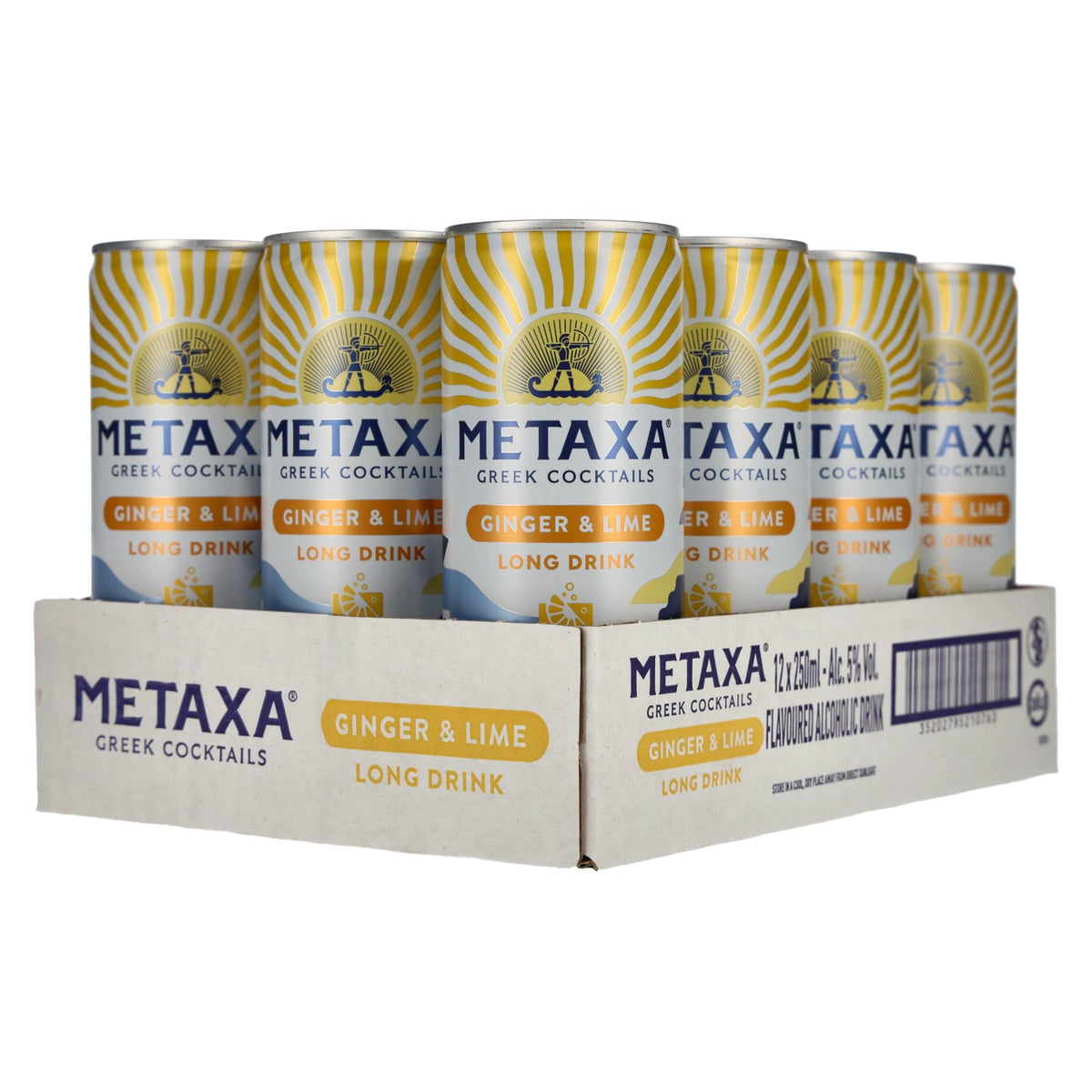 Metaxa Ginger &amp; Lime Long Drink Greek Cocktails Ready-to-Drink 5% ABV 12 x 0.25l tins (deposit required)