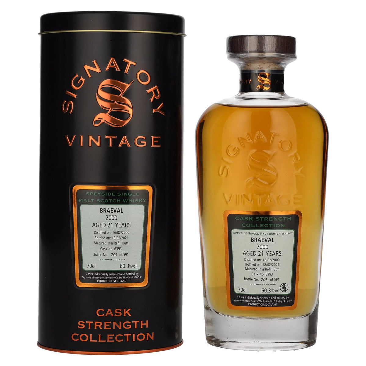 Signatory Vintage BRAEVAL 21 Years Old Cask Strength 2000 60.3% Vol. 0.7L in Tin Box