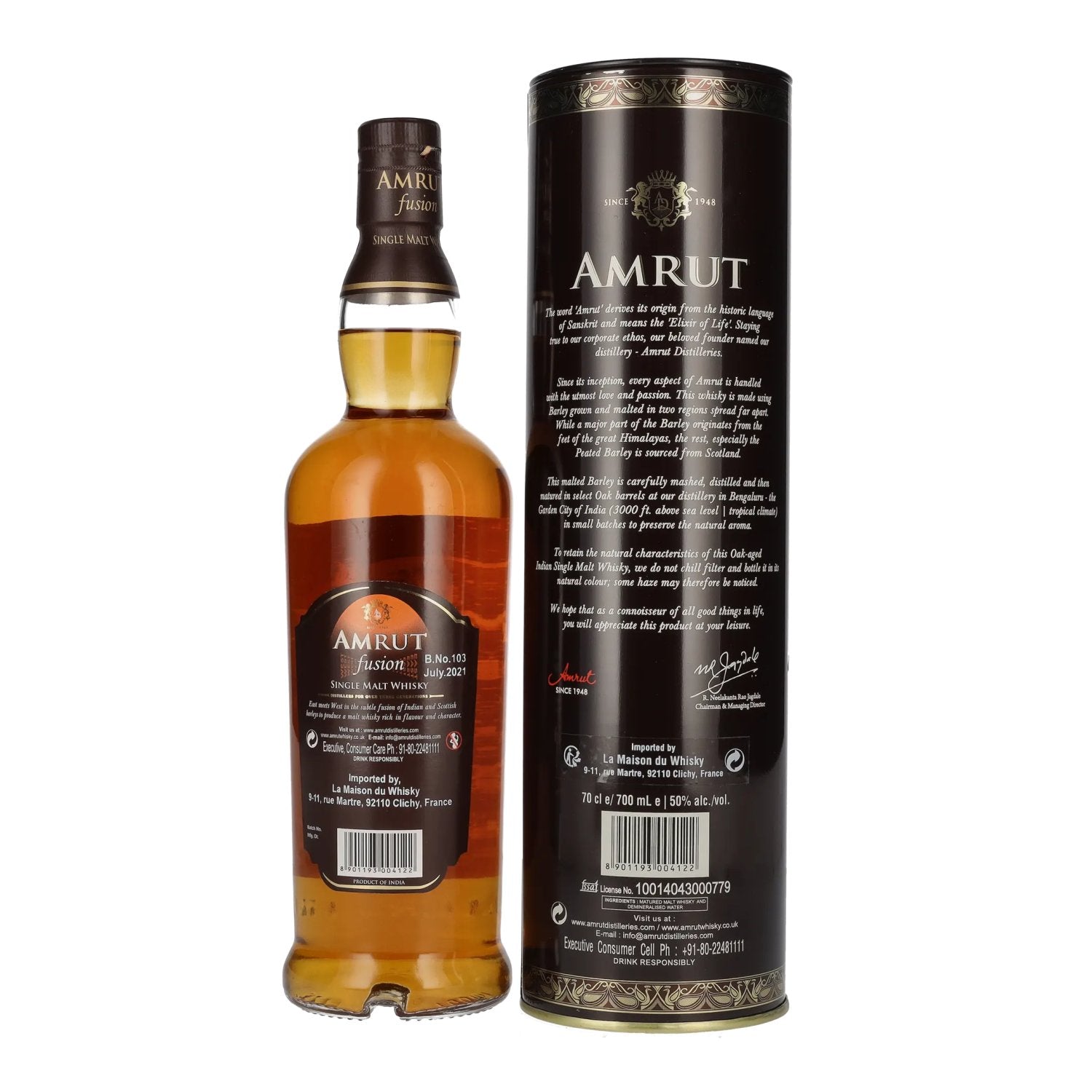 Amrut Indian FUSION Single Malt Whisky 50% Vol. 0.7l in Tin Box