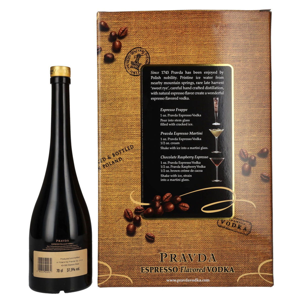 Pravda ESPRESSO Flavored Vodka 37.5% Vol. 0.7l in gift box with 2 glasses