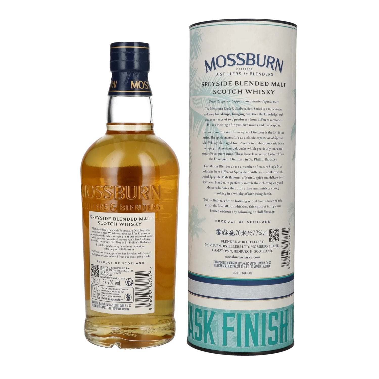 Mossburn FOURSQUARE 12 Years Old Rum Casks Whisky Batch Strength 57.7% Vol. 0.7L in Gift Box