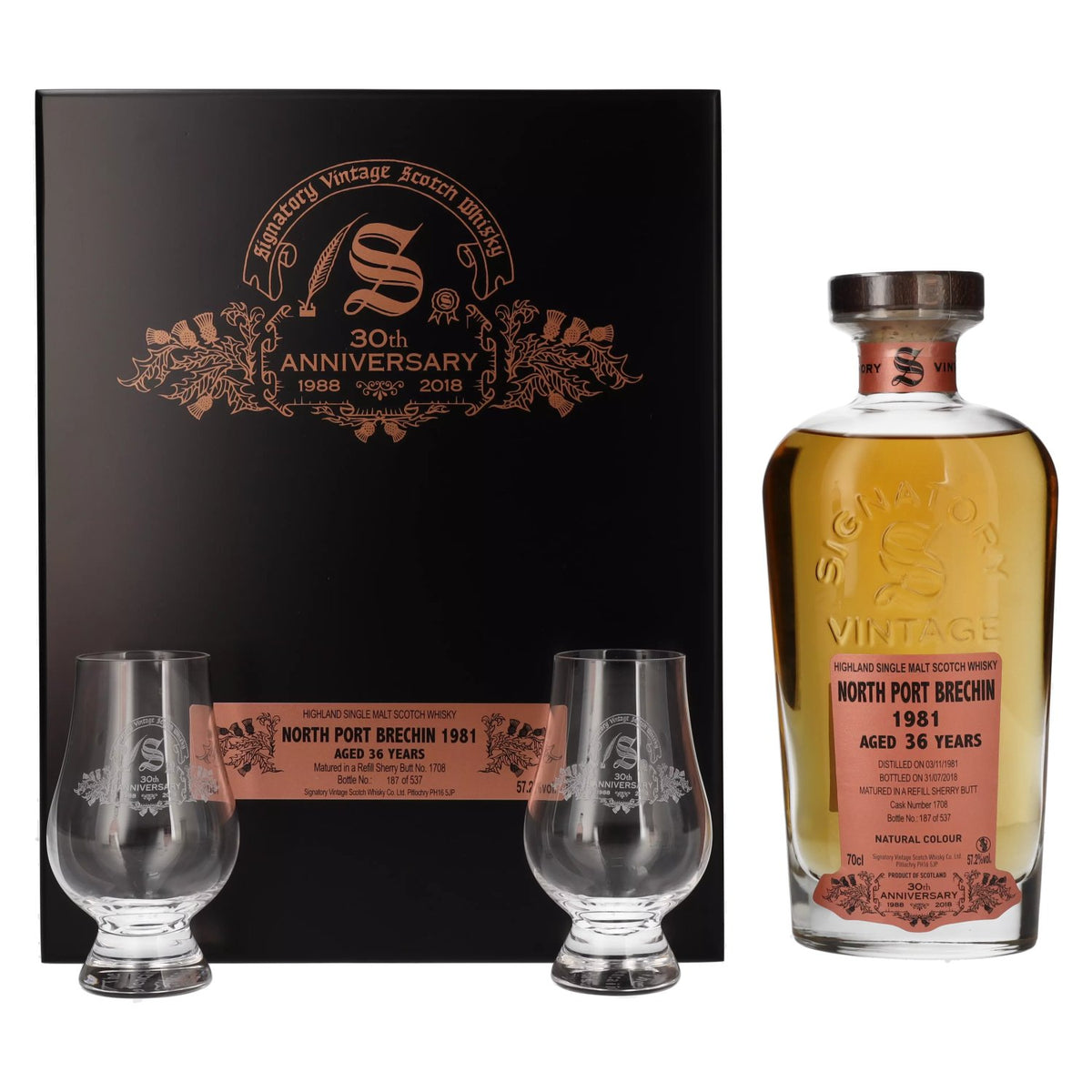 Signatory Vintage NORTH PORT BRECHIN 36 Years Old 30th ANNIVERSARY 1981 57.2% Vol. 0.7l in wooden box with 2 glasses