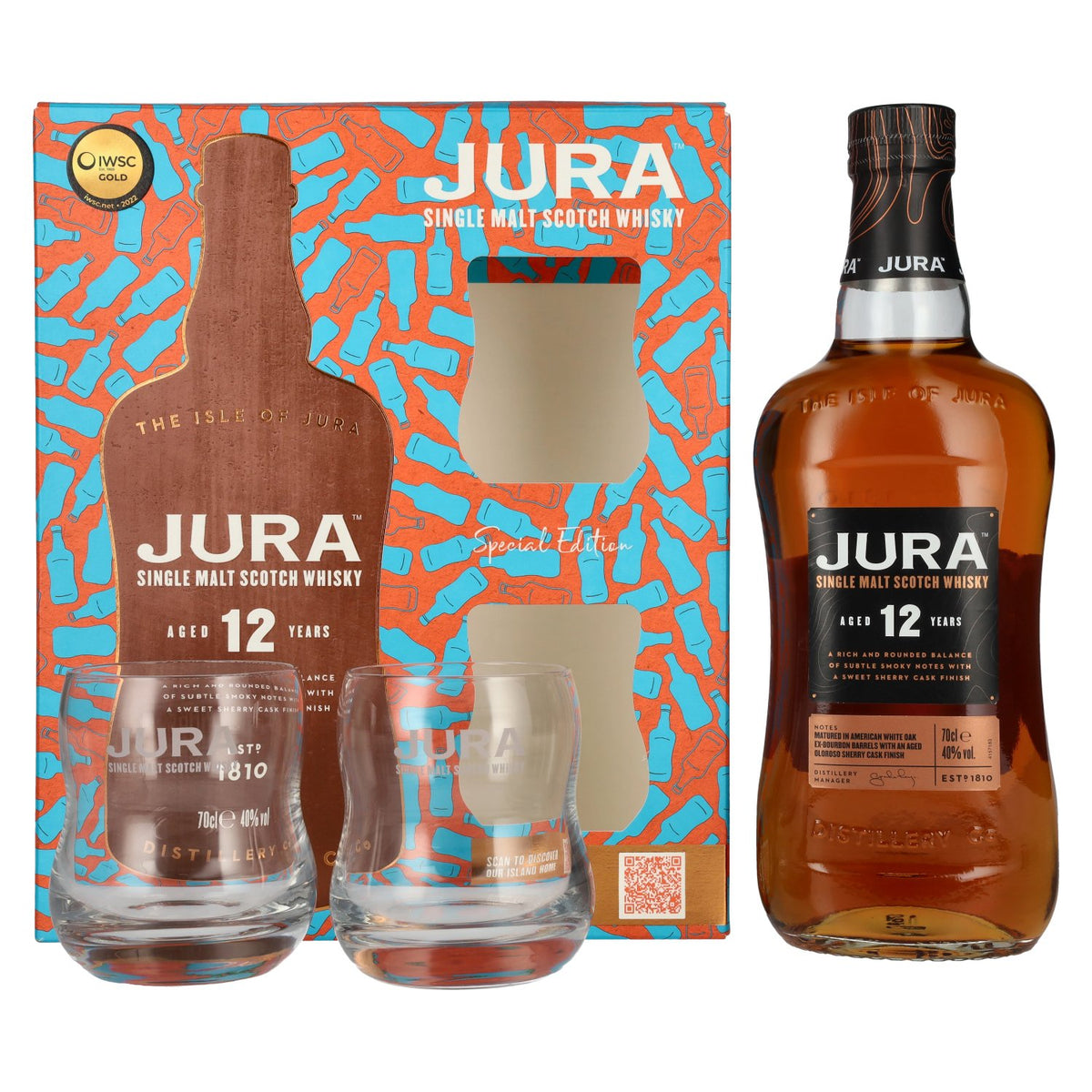 Jura 12 Years Old Single Malt Scotch Whisky 40% Vol. 0.7l in gift box with 2 glasses